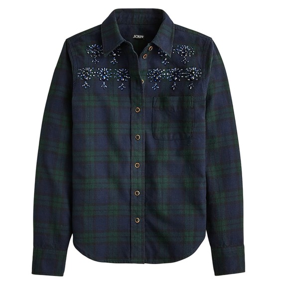 J. Crew Tops - J.Crew Embellished Plaid Flannel Shirt Blue Green Size 4‎ Button Down Top NWT